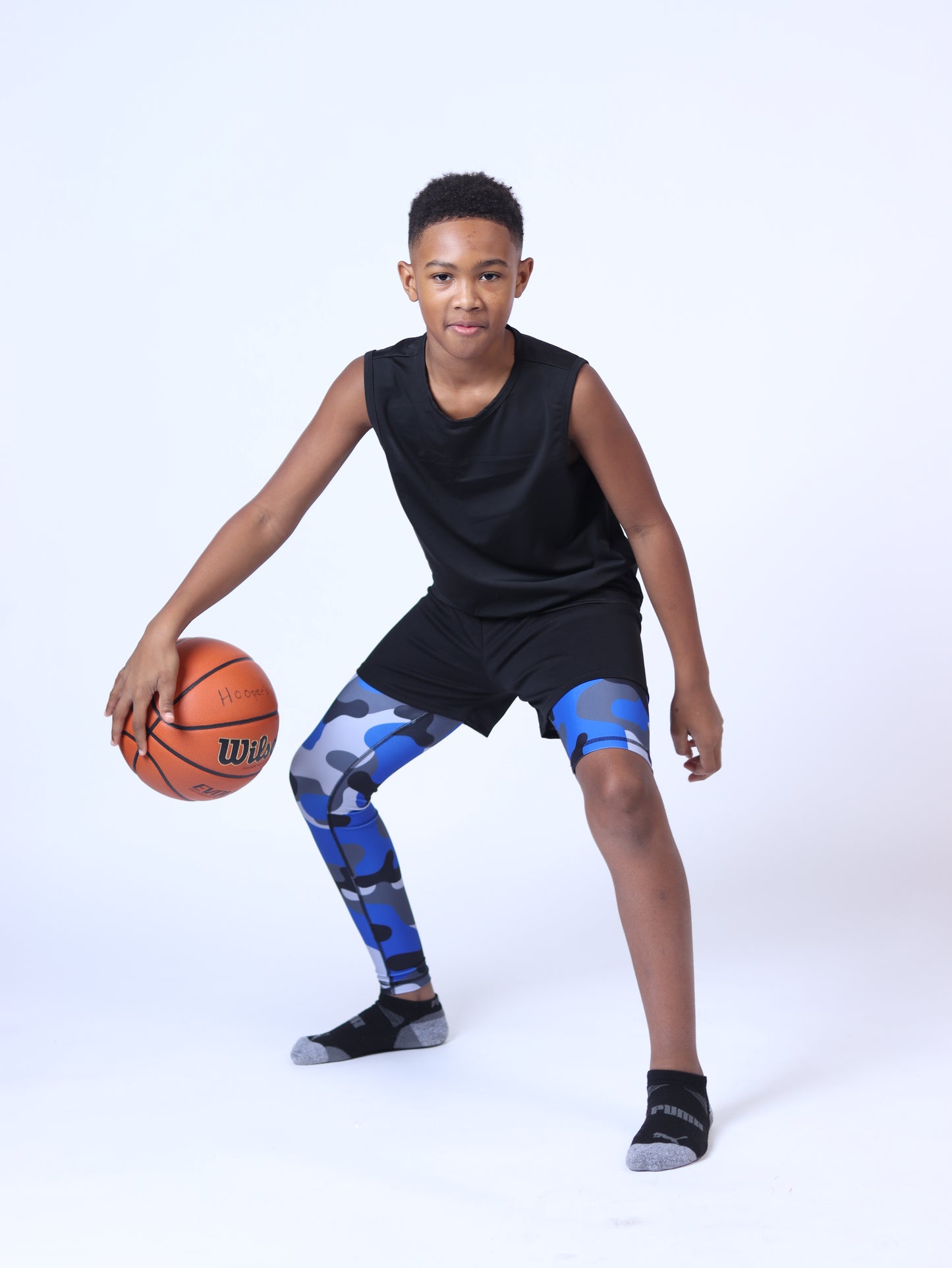 Youth Blue Camo One-Leg Compression Pants